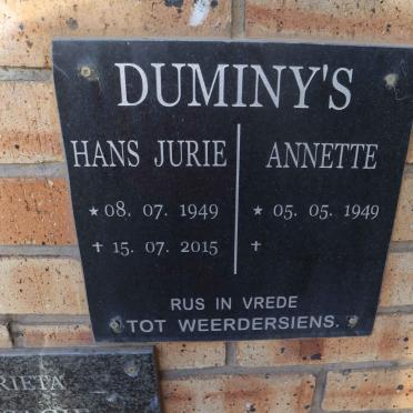 DUMINY Hans Jurie 1949-2015 & Annette 1949-