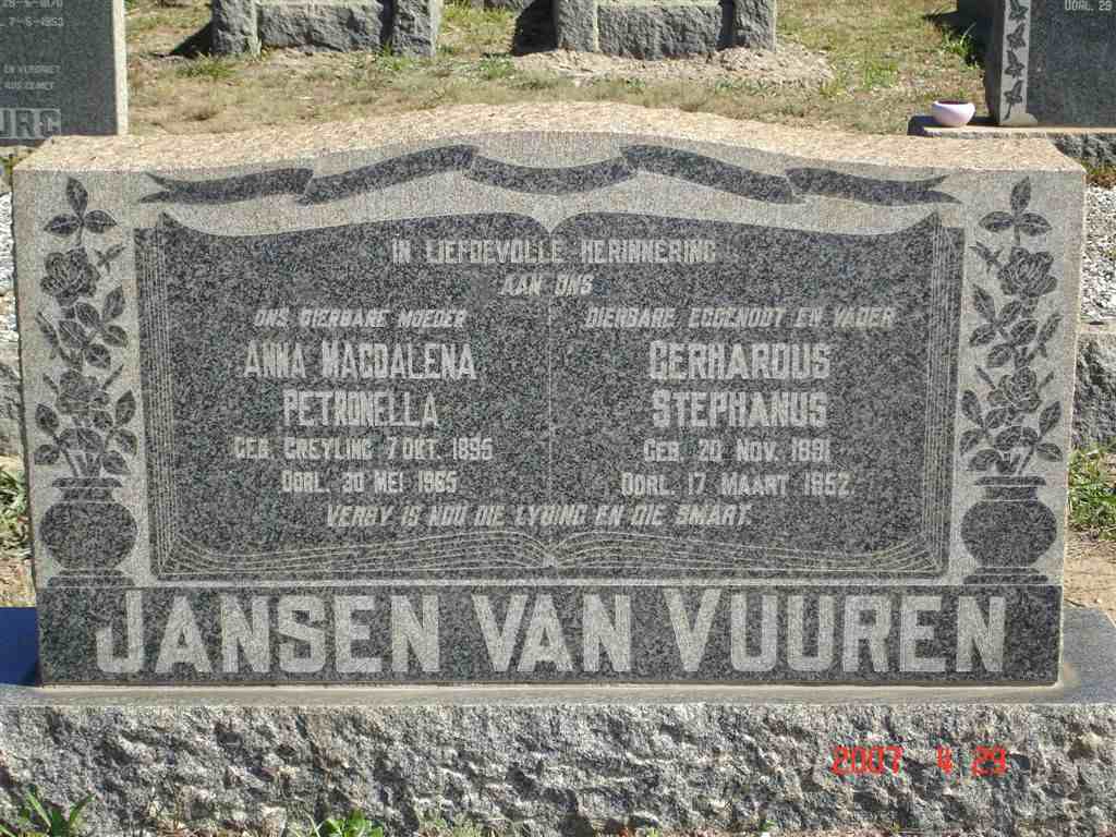 VUUREN Gerhardus Stephanus, Jansen van 1891-1952 &amp; Anna Magdalena Petronella GREYLING 1895-1965