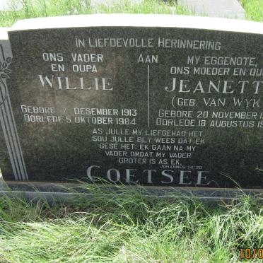 COETSEE Willie 1913-1984 &amp; Jeanette VAN WYK 1919-1977