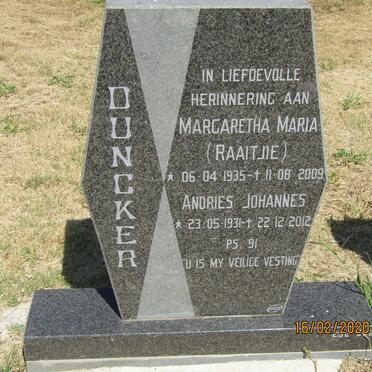 DUNCKER Andries Johannes 1931-2012 &amp; Margaretha Maria 1935-2009