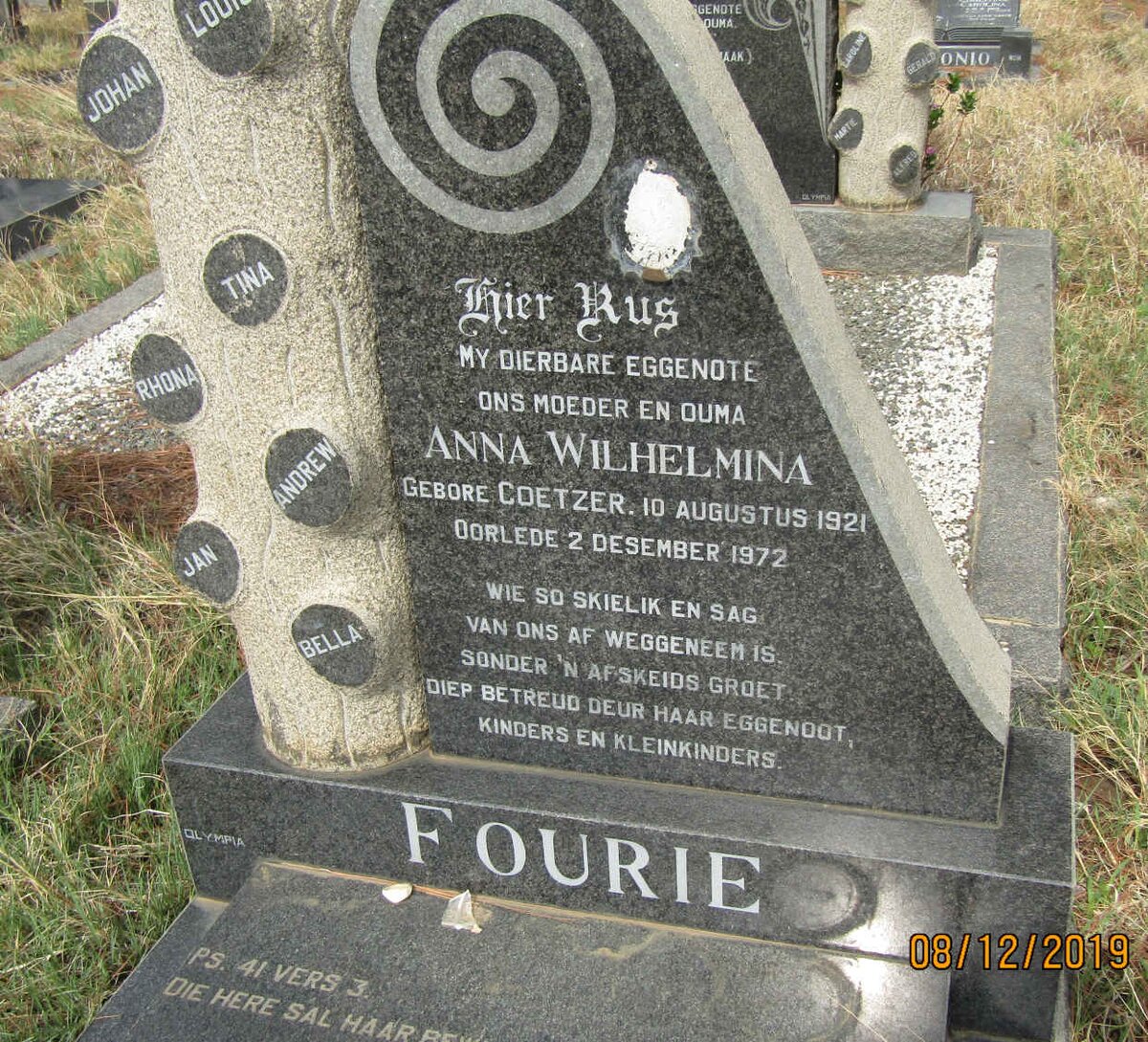 FOURIE Anna Wilhelmina nee COETZER 1921-1972