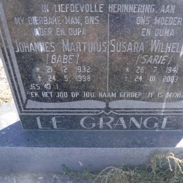 GRANGE Johannes Martinus, le 1932-1998 &amp; Susara Wilhelmina 1941-2003