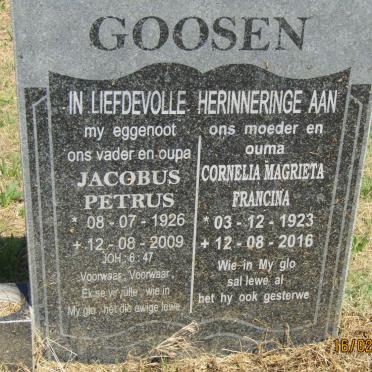 GOOSEN Jacobus Petrus 1926-2009 &amp; Cornelia Magrieta Francina 1923-2016