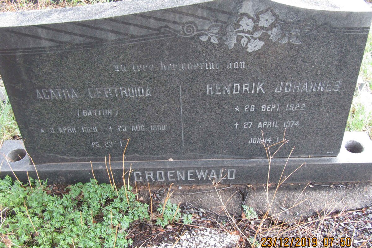 GROENEWALD Hendrik Johannes 1922-1974 &amp; Agatha Gertruida BARTON 1928-1980