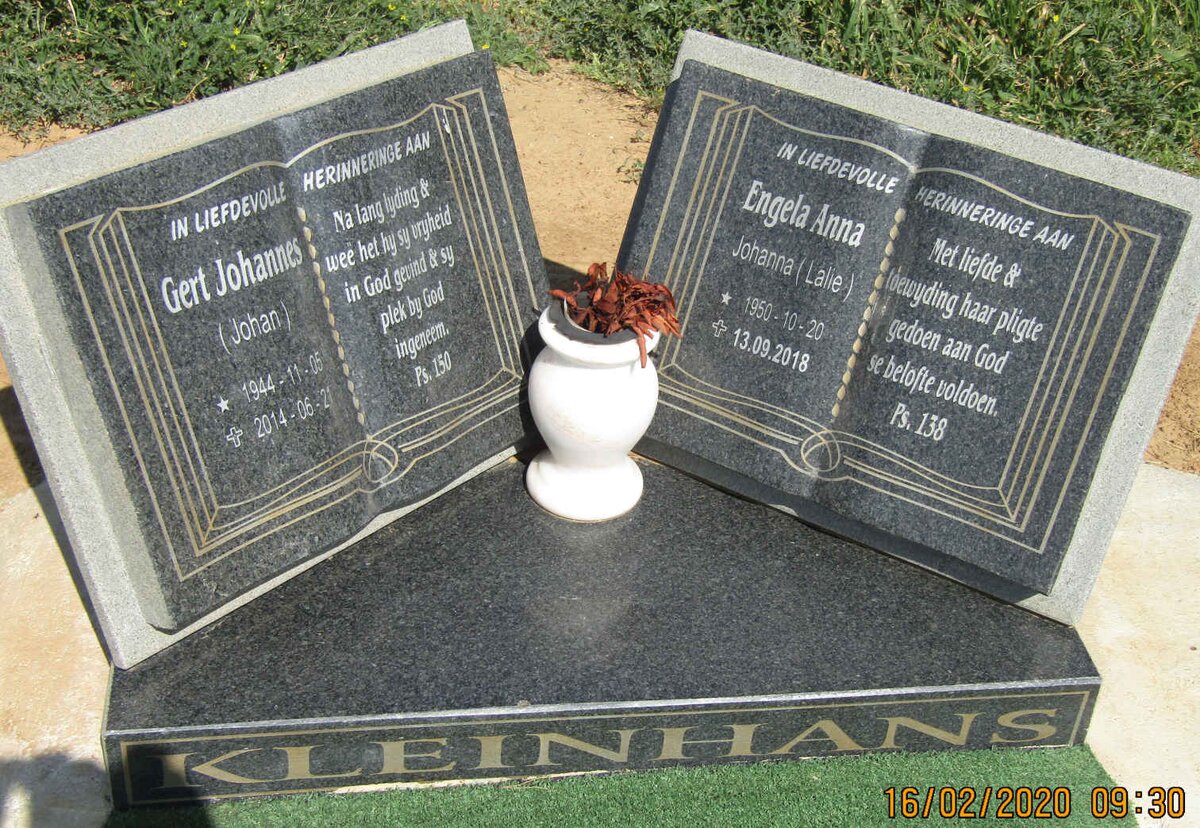 KLEINHANS Gert Johannes 1944-2014 &amp; Engela Anna Johanna 1950-2018