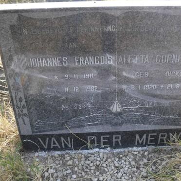 MERWE Johannes Francois, van der 1911-1982 &amp; Aletta Cornelia DICKS 1920-1990