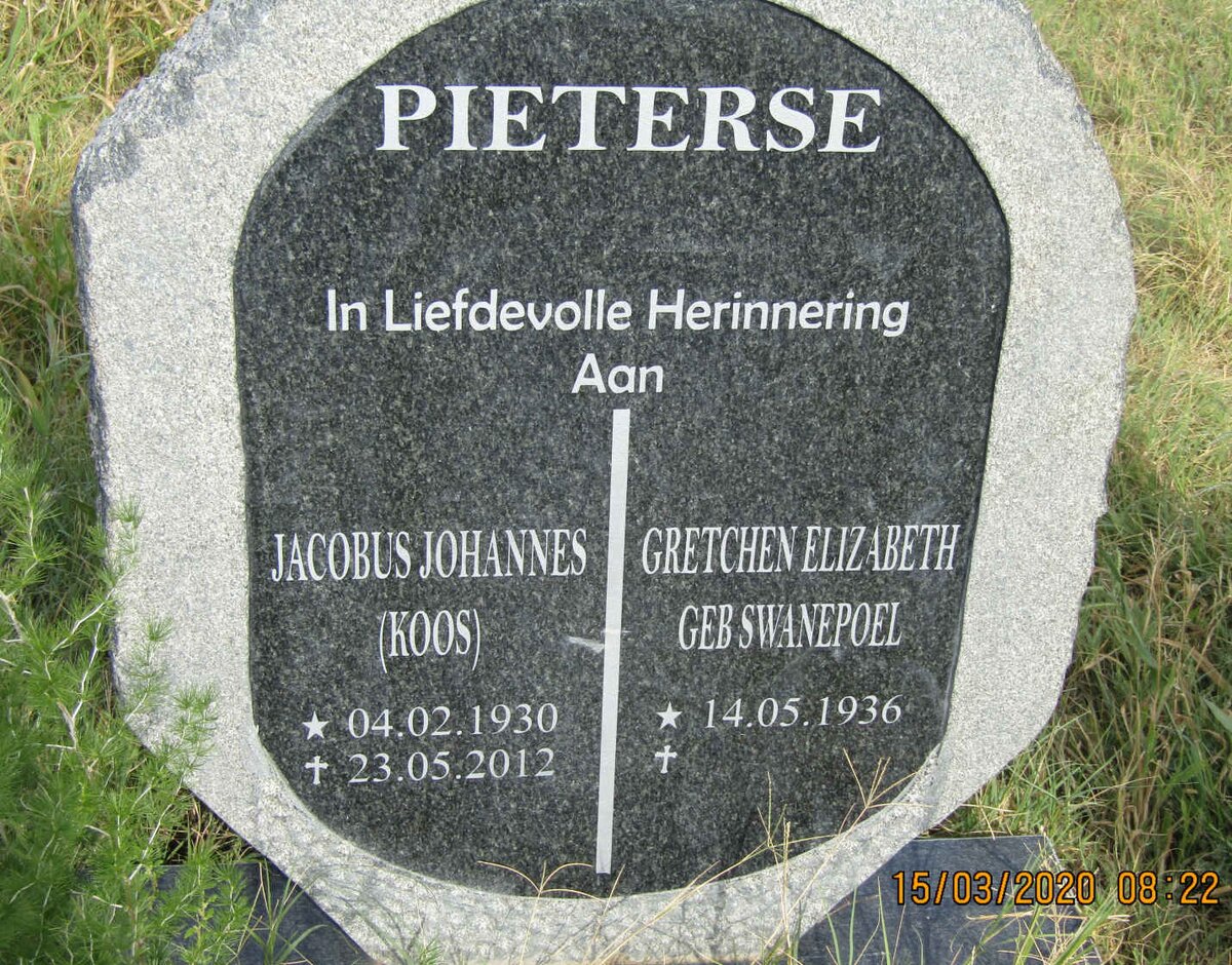 PIETERSE Jacobus Johannes 1930-2012 &amp; Gretchen Elizabeth SWANEPOEL 1936-