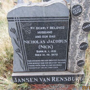 RENSBURG Nicholas Jacobus, Jansen van 1931-1973 :: JANSEN VAN RENSBURG Hazel 1933-2009