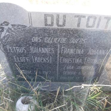 TOIT Petrus Johannes Eloff, du 1927-1995 &amp; Francina Johanna Christina VAN JAARSVELD 1927-1997