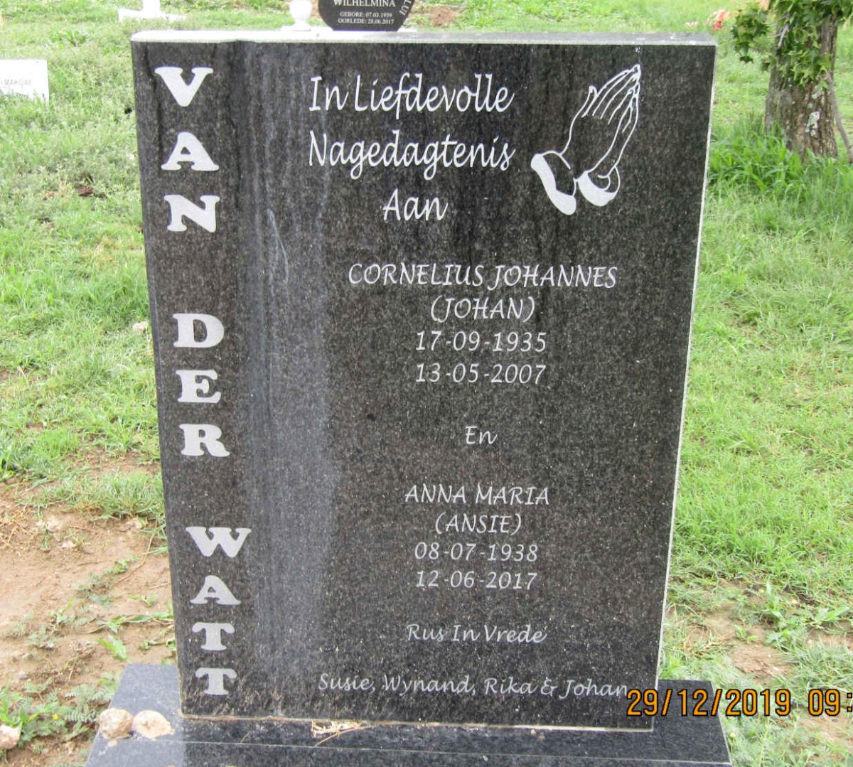 WATT Cornelius Johannes, van der 1935-2007 &amp; Anna Maria 1938-2017