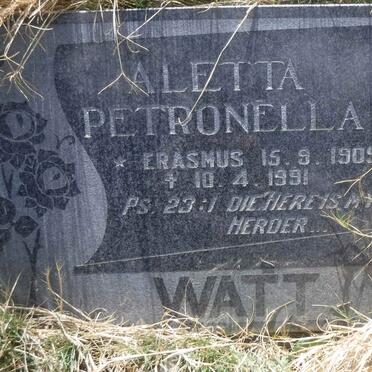WATT Aletta Petronella nee ERASMUS 1909-1991