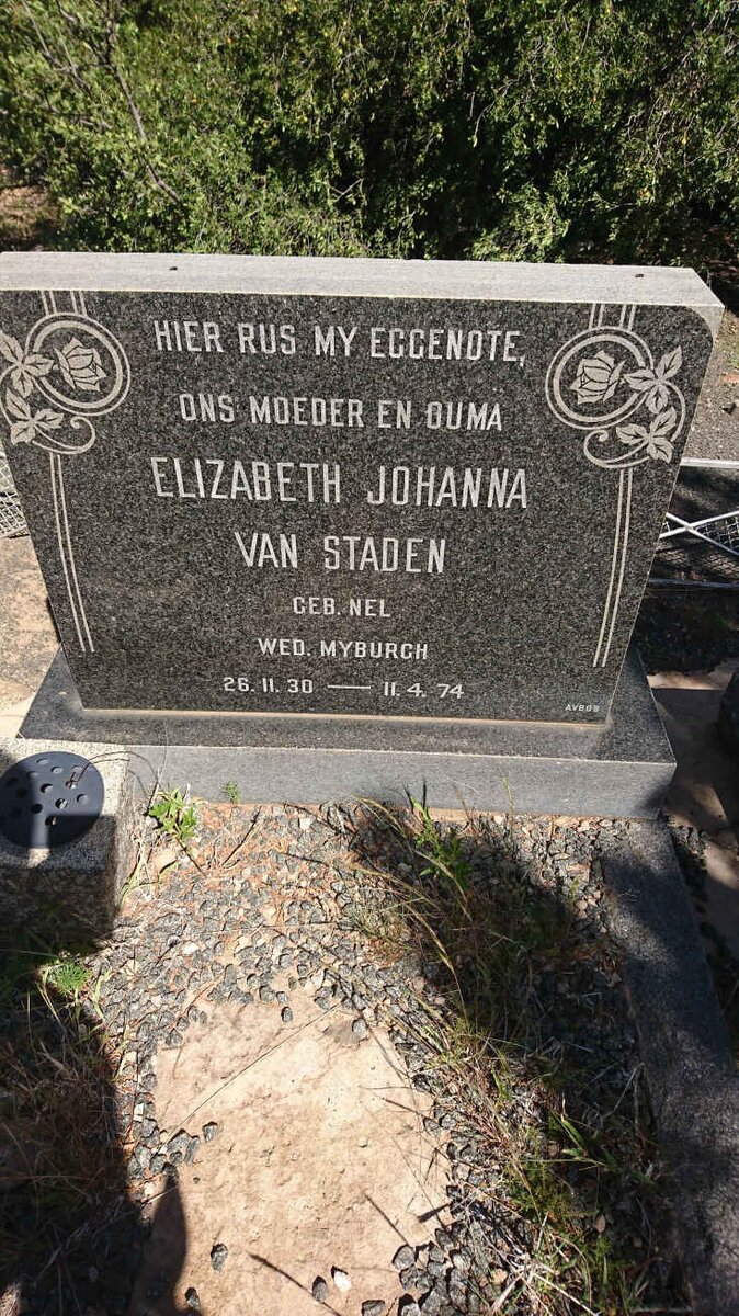STADEN Elizabeth Johanna, van voorheen MYBURGH nee NEL 1930-1974