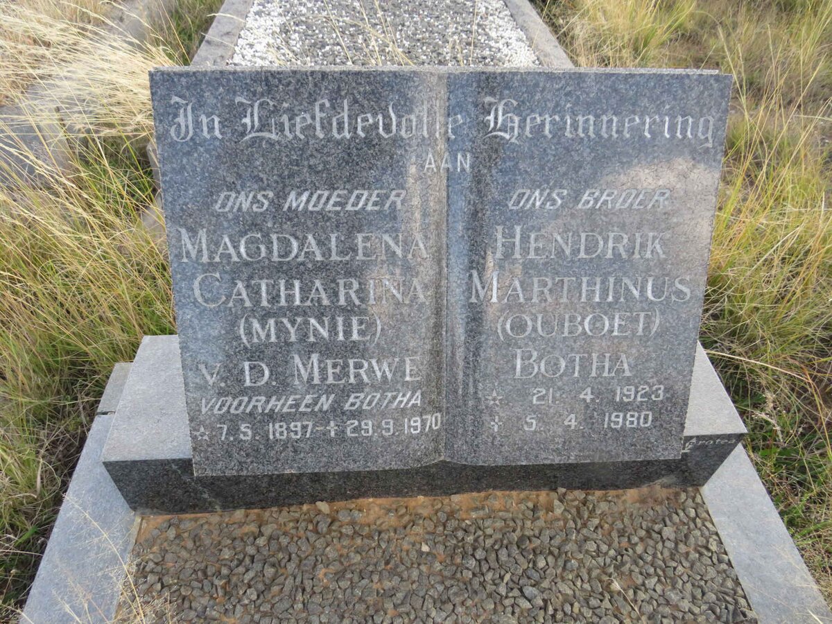 MERWE Magdalena Catharina, van der voorheen BOTHA 1897-1970 :: BOTHA Hendrik Marthinus 1923-1980