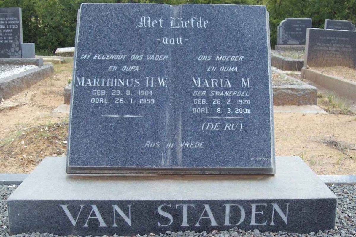 STADEN Marthinus H.W., van 1904-1959 &amp; Maria M. SWANEPOEL , DE RU 1920-2008