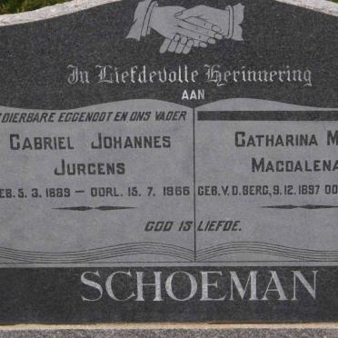 SCHOEMAN Gabriel Johannes Jurgens 1889-1966 &amp; Catharina Maria Magdalena V.D. BERG 1897-1967