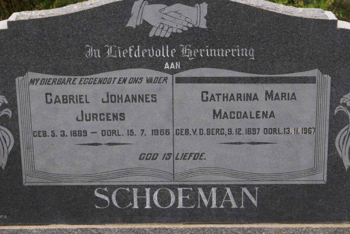 SCHOEMAN Gabriel Johannes Jurgens 1889-1966 &amp; Catharina Maria Magdalena V.D. BERG 1897-1967