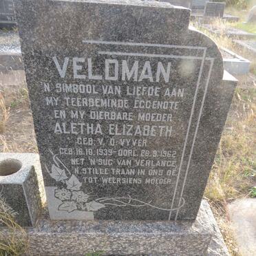 VELDMAN Aletha Elizabeth nee V. D. VYVER 1939-1962
