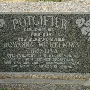POTGIETER Johanna Wilhelmina Christina nee GREYLING 1887-1968