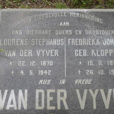 VYVER Lourens Stephanus, van der 1870-1942 &amp; Fredrieka Johanna KLOPPER 1891-1979
