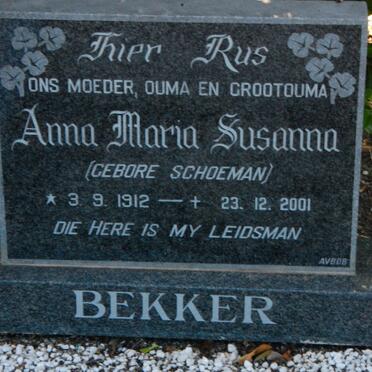BEKKER Anna Maria Susanna nee SCHOEMAN 1912-2001