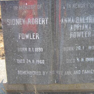 FOWLER Sidney Robert 1890-1960 &amp; Anna Baltrina Adriana 1897-1986