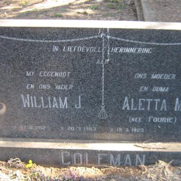 COLEMAN William J. 1912-1983 &amp; Aletta M. FOURIE 1923-