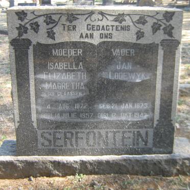 SERFONTEIN Jan Lodewyk 1873-1943 &amp; Isabella Elizabeth Magretha CLAASSEN 1872-1957