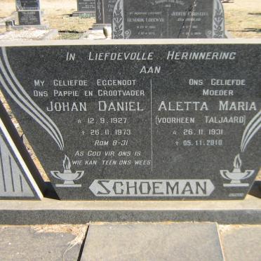 SCHOEMAN Johan Daniel 1927-1973 &amp; Aletta Maria voorheen TALJAARD 1931-2010