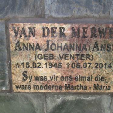 MERWE Anna Johanna, van der nee VENTER 1946-2014
