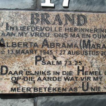 BRAND Alberta Abrama nee MARAIS 1945-2012