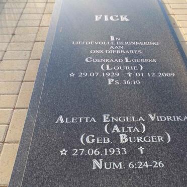 FICK Coenraad Lourens 1929-2009 &amp; Aletta Engela Vidrika BURGER 1933-