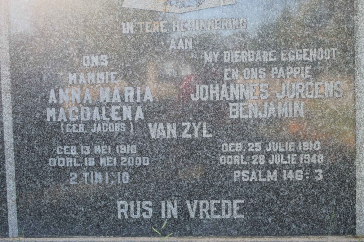 ZYL Johannes Jurgens Benjamin, van 1910-1948 &amp; Anna Maria Magdalena JACOBS 1910-1990