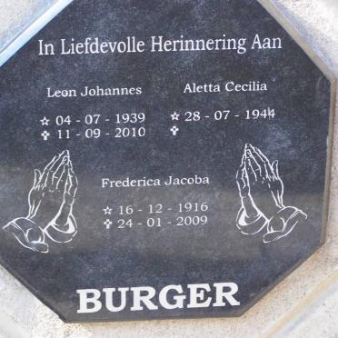 BURGER Leon Johannes 1939-2010 &amp; Aletta Cecilia 1944- :: BURGER Frederica Jacoba 1916-2009