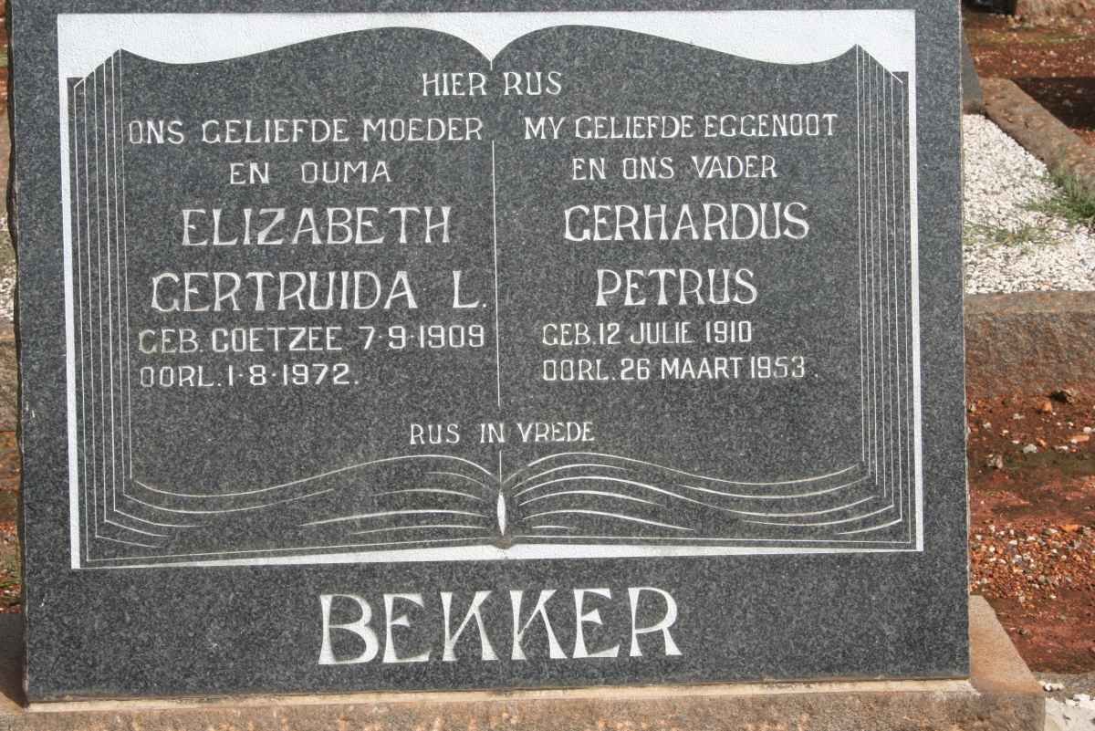 BEKKER Gerhardus Petrus 1910-1953 &amp; Elizabeth Gertruida L. COETZEE 1909-1972
