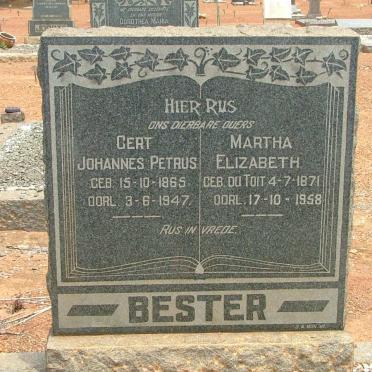 BESTER Gert Johannes Petrus 1865-1947 &amp; Martha Elizabeth DU TOIT 1871-1958