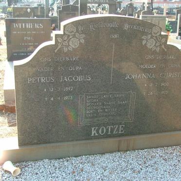 KOTZÉ Petrus Jacobus 1892-1973 &amp; Johanna Christina 1900-1973