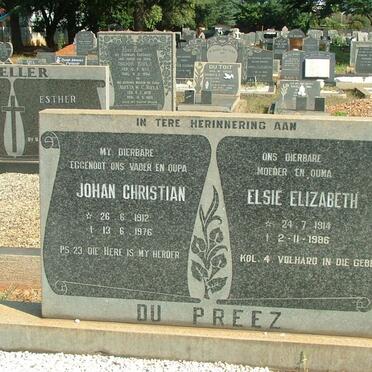 PREEZ Johan Christian, du 1912-1976 &amp; Elsie Elizabeth 1914-1986
