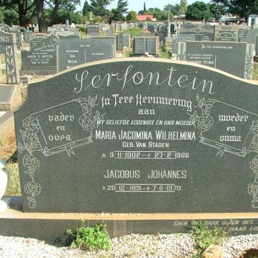 SERFONTEIN Jacobus Johannes 1891-1970 &amp; Maria Jacomina Wilhelmina VAN STADEN 1902-1966