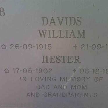 DAVIDS William 1915-1999 &amp; Hester 1902-1999
