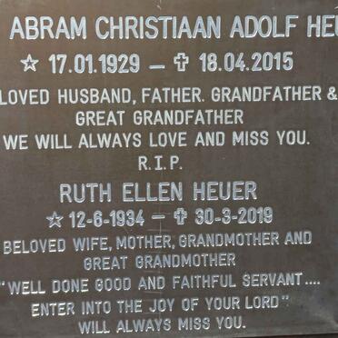 HEUER Abram Christiaan Adolf 1929-2015 &amp; Ruth Ellen 1934-2019
