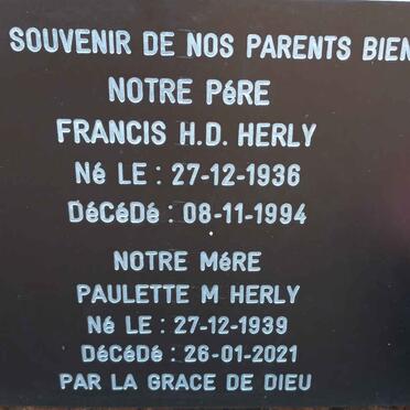 HERLY Francis H.D. 1936-1994 &amp; Paulette M. 1939-2021