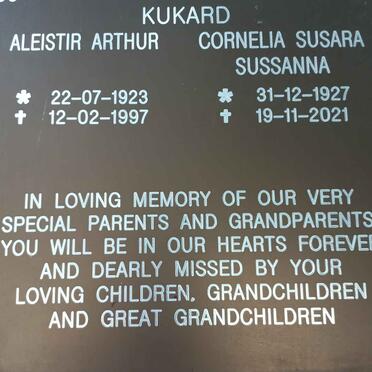 KUKARD Aleistir Arthur 1923-1997 &amp; Cornelia Susara Sussanna 1927-2021
