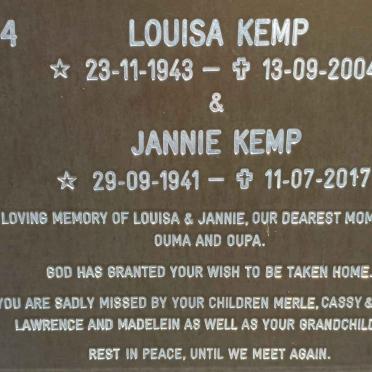 KEMP Jannie 1941-2017 &amp; Louisa 1943-2004