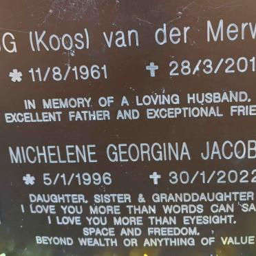 MERWE J.G., van der 1961-2015 :: JACOBS Michelene Georgina 1996-2022