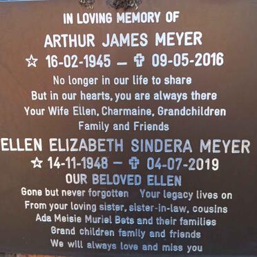 MEYER Arthur James 1945-2016 &amp; Ellen Elizabeth Sindera 1948-2019