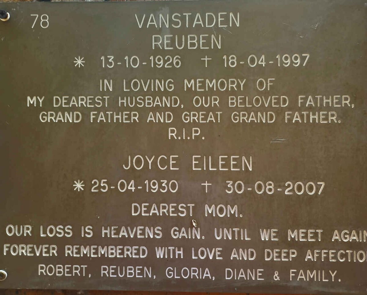 STADEN Reuben, van 1926-1997 &amp; Joyce Eileen 1930-2007