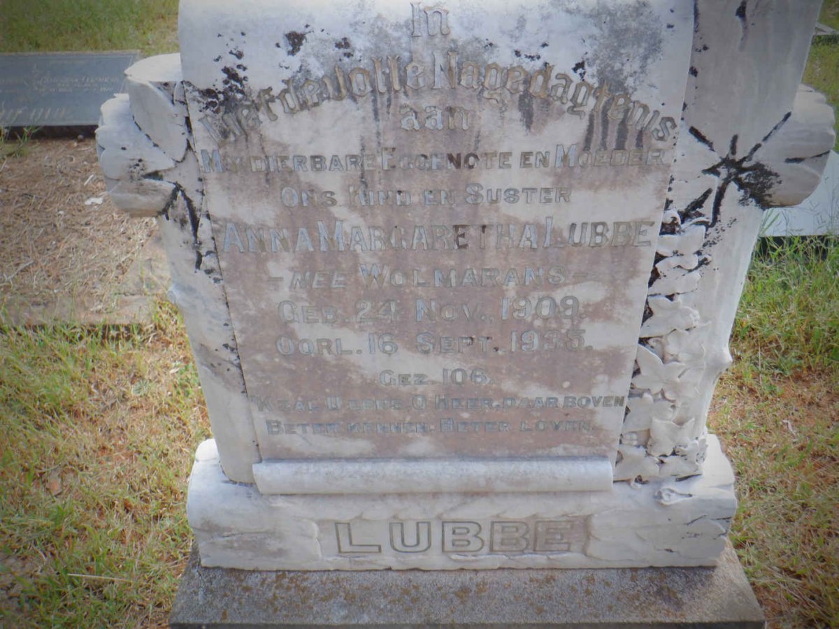 LUBBE Anna Margaretha nee WOLMARANS 1909-1935