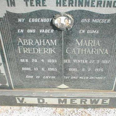MERWE Abraham Frederik, v. d. 1893-1965 &amp; Maria Catharina VENTER 1897-1975