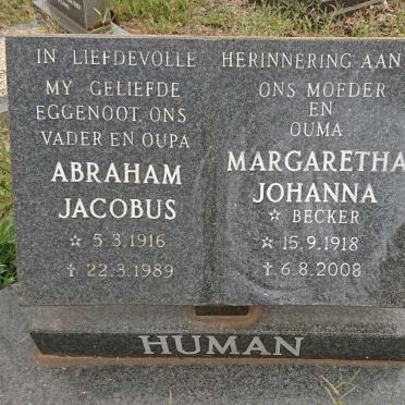 HUMAN Abraham Jacobus 1916-1989 &amp; Margaretha Johanna nee BECKER 1918-2008