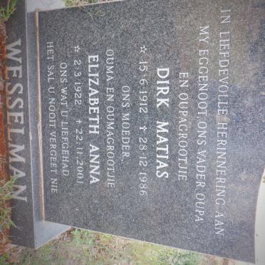 WESSELMAN Dirk Matias 1912-1986 &amp; Elizabeth Anna 1922-2001